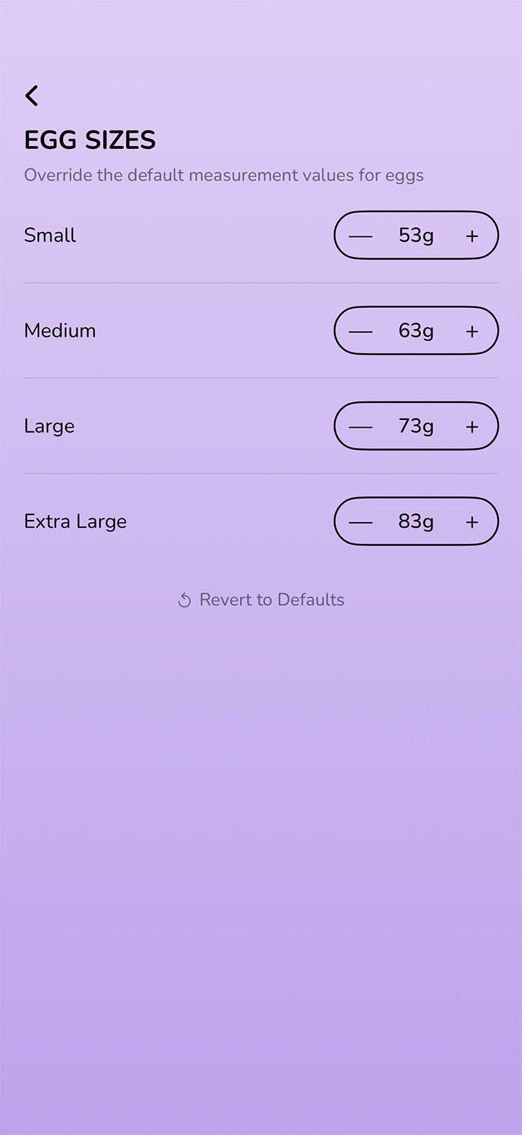 Egg sizes screen